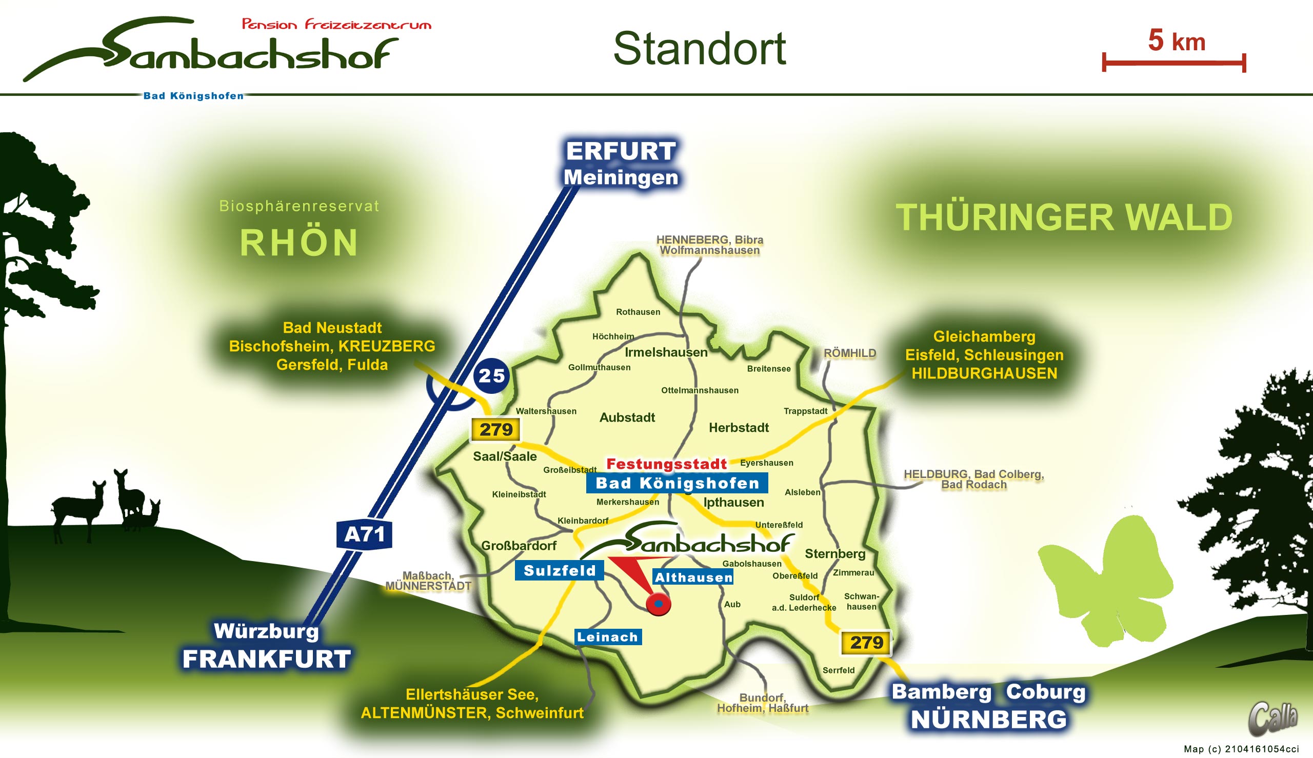 Das Freizeitzentrum Sambachshof befindet sich unweit der Festungsstadt Bad Königshofen in Nordbayern an der A71/B279 in der Mitte zwischen Fulda und Bamberg.